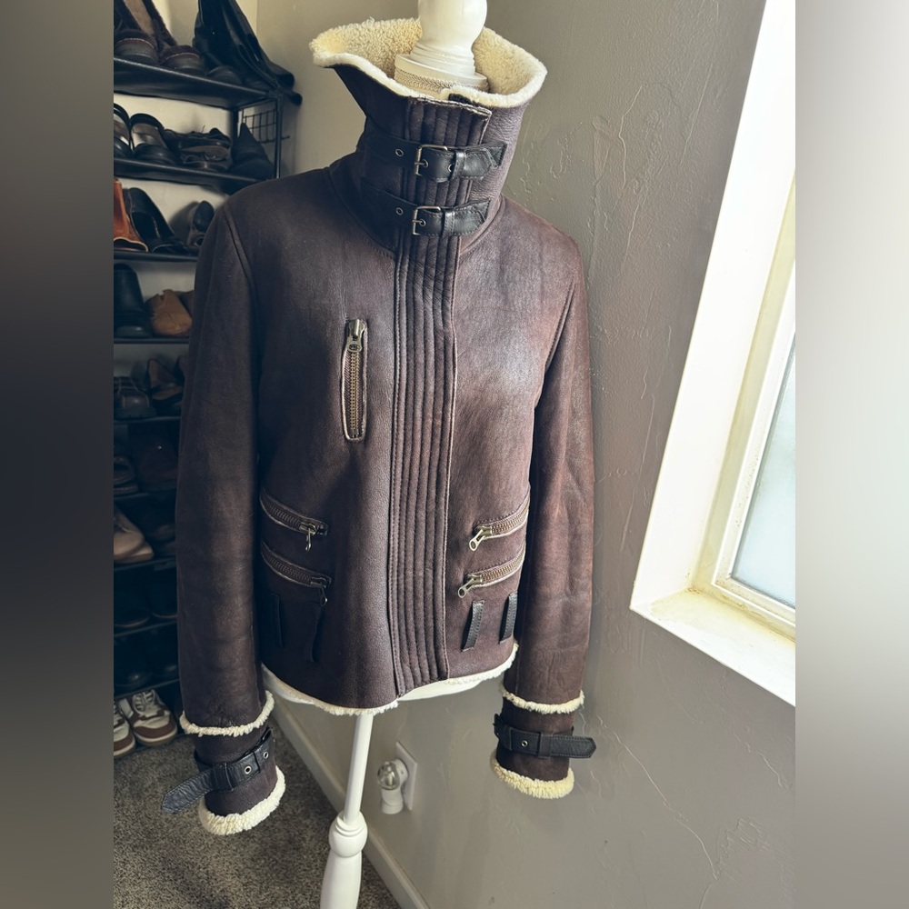 Vintage Y2K Warehouse Women’s Brown Shearling-Style Moto Jacket UK 14 USA 10 - Picture 2 of 8